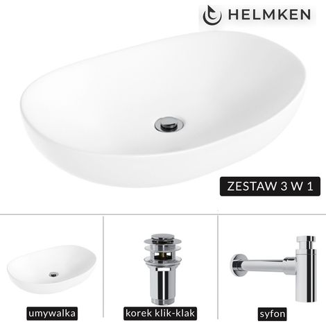 Lavabo à poser Helmken 50263000 (63 x 42) Blanc + Siphon chromé + Bouchon clic-clac chromé (1/5)