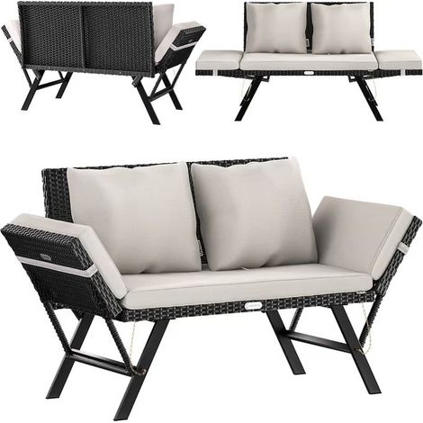 Banc de jardin en polyrotin noir crème 176x56x81cm Canapé dépliant multifonctionnel 2 en 1 (1/5)