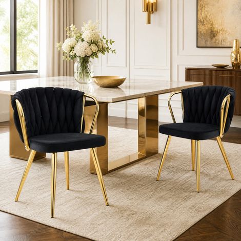 Sedia da pranzo in velluto con schienale intrecciato, seduta imbottita ergonomica, gambe in metallo oro, nero (1/5)