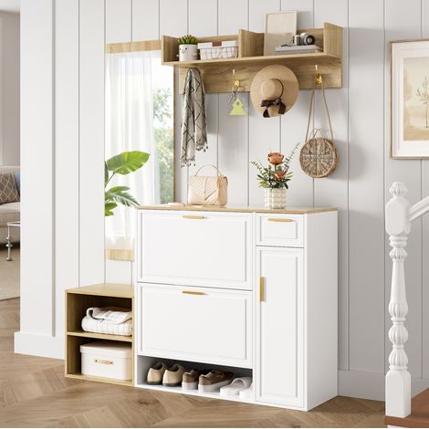 4-teiliges Garderoben-Set 139.5x35x166 cm Weiß/Natur aus Spanplatte mit Schuhschrank, Sitzbank, Spiegel und Wandgarderobe (1/5)