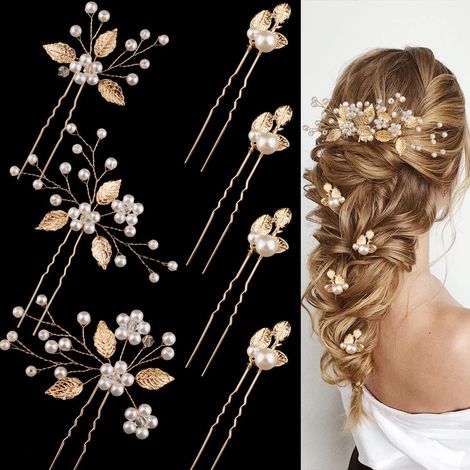 Horquillas para el cabello de boda - 3 piezas - Horquillas para el cabello de boda con flores para novias Horquillas para el cabello con perlas doradas Accesorios de cristal para el cabello de novia p (1/5)