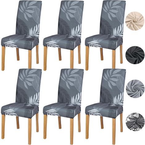 Housses de chaise extensibles 6 pièces, lavables et décoratives, motif feuilles grises (1/5)