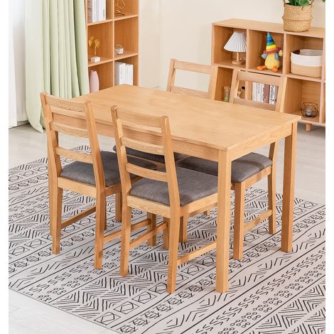Hallowood Furniture Waverly Oak Small Dining Table and Chairs Set 4, Rectangular Solid Oak Kitchen Table and Chairs with Ladder Back and Grey Fabric Padded Seats for Home and Café (1/5)