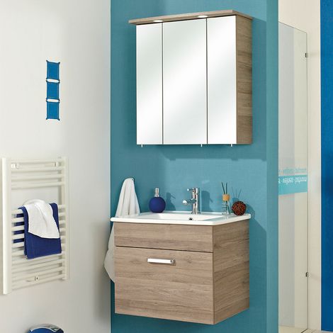 Waschplatz mit Spiegelschrank & LED - OSTENDE-66 in Sanremo Eiche - B/H/T: 65/200/45cm (1/5)