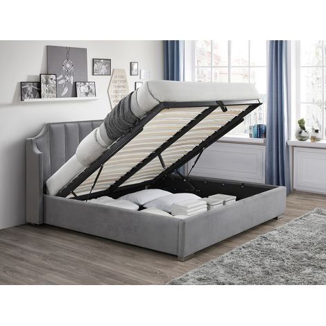 Lit coffre 140 x 190 cm avec tête de lit incurvée - Velours - Gris clair + Matelas - TEOMIS (1/4)