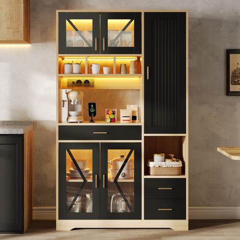 Colonna cucina stile granaio con LED, prese, cassetto e ripiani regolabili, MDF (1/5)