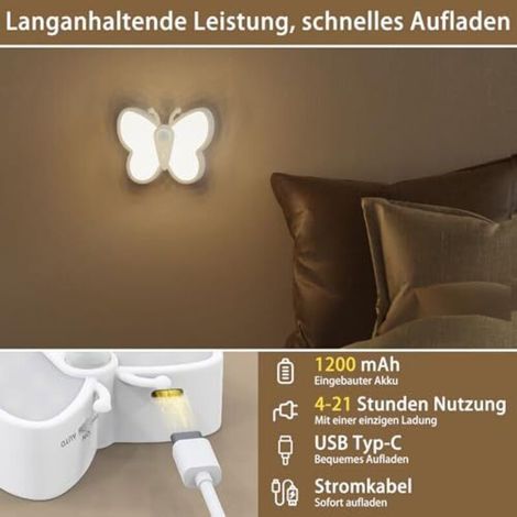 Veilleuse avec détecteur de mouvement, lampe de nuit LED papillon avec spot intégré, rechargeable par USB, intensité variable, éclairage pour placard, escalier, couloir, salle de bain (1/4)