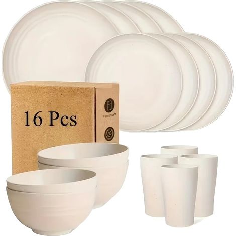 Juego de vajilla de 16 piezas, plástico resistente, apto para uso doméstico y en restaurantes - Blanco (1/2)