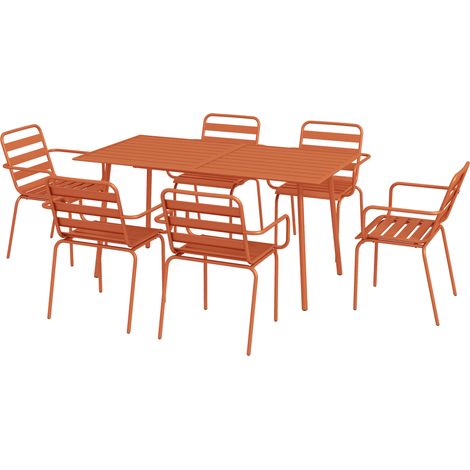 Salon de jardin ensemble salle à manger de jardin 7 pièces avec 1 table et 6 chaises empilables en acier rouge (1/5)