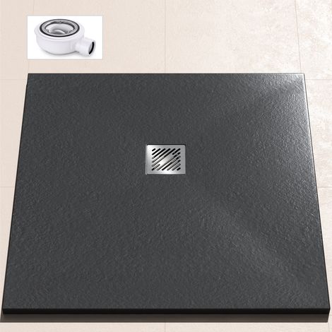 doporro Duschwanne Duschtasse 100x100x3cm aus Mineralguss in Anthrazit Quadratisch DIN-Anschlüsse für bodenebene Montage geeignet Geoma 09
