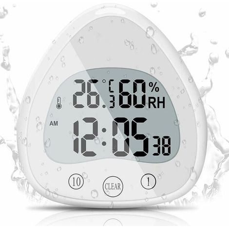 Horloge de Salle de Bain, LCD Alarme Numérique avec Horloge de Douche Tactile étanche, Minuteries étanche Thermomètre Horloge d'affichage Portable avec Ventouse pour Cuisiner, Apprendre, (1/5)