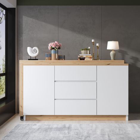 Escritorio plegable 120x50x76.5 cm blanco y roble en tablero de partículas con ruedas, giro 360°, 2 puertas y 3 cajones (1/5)