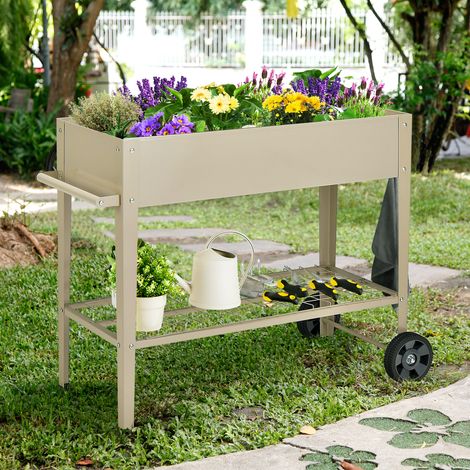 Carré potager surélevé avec étagère et 2 crochets jardinière métal sur roulettes pour plantation ergonomique (1/5)