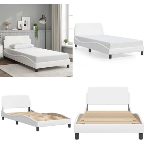 Bettgestell mit Kopfteil Weiß 100x200 cm Kunstleder - Bettstellengestell - Doppelbett - Schlafzimmermöbel - Weißes Bettgestell - Kunstledersofa - Home & Living (1/5)