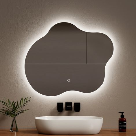EMKE Miroir lumineux de salle de bain Rétro-éclairage LED, Miroir au design irrégulier, Interrupteur Tactile Anti-buée 3 Couleurs de lumières Dimmable - 60 x 50 cm