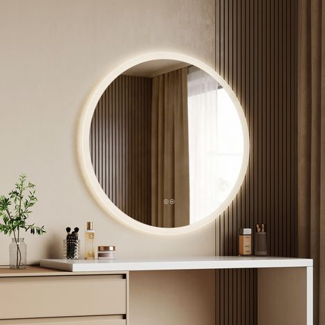 EMKE LED Badezimmerspiegel Ø 80 cm, Antibeschlag, 3 Lichtfarben, dimmbar, Touch-Steuerung, moderner mattierter Lichtrand
