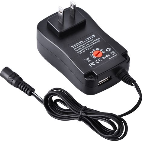 Adaptateur secteur universel AC/DC 5V 2.1A USB, 6 embouts, 30W, tensions 3V/4.5V/5V/6V/7.5V/9V/12V, prise US (1/5)