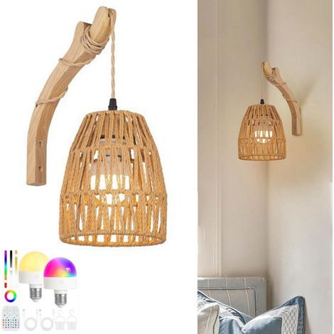 Lampada da parete in bambù in stile retrò giapponese, lampada da parete in rattan senza fili, non richiede cablaggio, con lampadina RGB, attacco E27