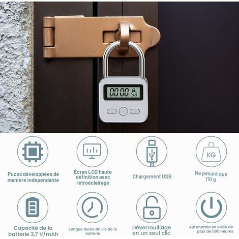 Intelligente Zeitschaltuhr mit LCD-Bildschirm, 99-Stunden-Timer, USB-wiederaufladbare Zeitschaltuhr zur Vermeidung schlechter Gewohnheiten (Silber) (1/5)