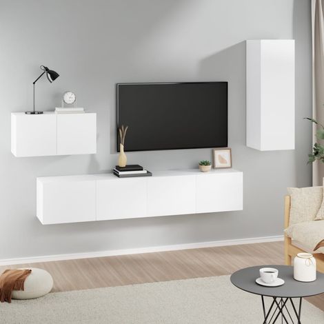 The Living Store 4-tlg. TV-Schrank-Set Weiß Holzwerkstoff - TV-Schrank - Holzwerkstoff Möbel - Wohnzimmer Deko - Fernsehtisch - Medienregal (1/5)