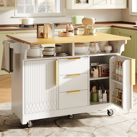 Isola cucina mobile con piani ribaltabili 120-197 cm bianca DESVIAE (1/5)