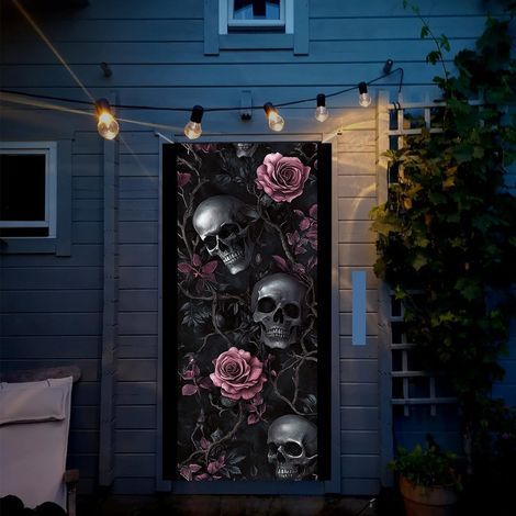 Crâne-rose effrayant porte de fond bannière Terror Halloween diable fantôme décoration à thème de fête, art mur décor 90x180cm (1/5)