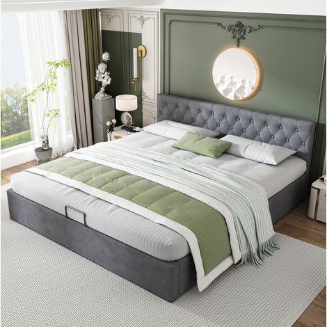 DESVIAE Lit double coffre hydraulique 180 x 200 cm en velours gris avec tête de lit capitonnée et sommier à lattes (1/5)