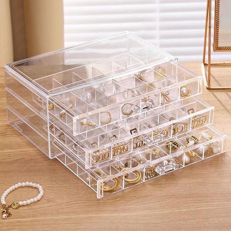 Organiseur de Maquillage Make-Up 3 tiroirs Rangement cosmétique boîte Bijoux 72 grilles Transparent (1/5)