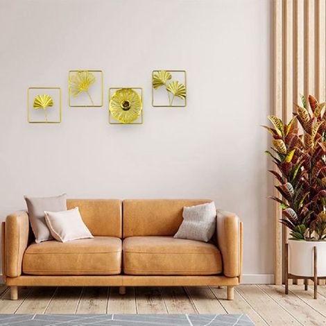 Lot de 4. Couleur : Or. Matière : Fer. Décoration murale luxueuse en forme de feuille de ginkgo, mini-décoration murale pour salon.