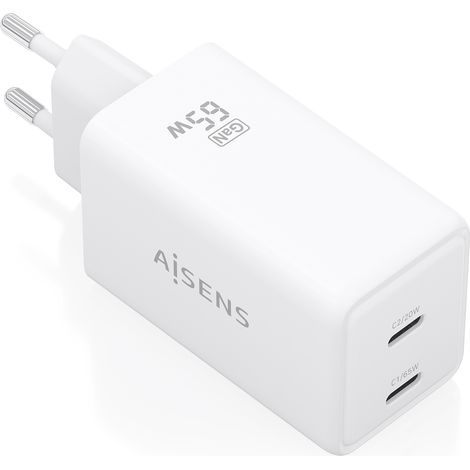 Cargador de Pared GaN Aisens ASCH-65W2P078-W/ 2xUSB Tipo-C/ 65W/ Blanco