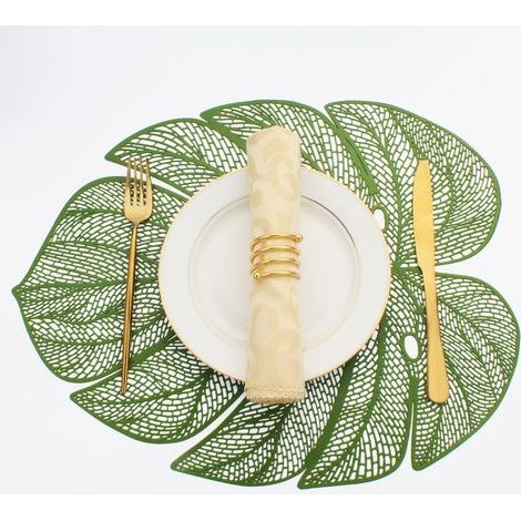 Lot de 6 sets de table en vinyle en forme de feuille pour table de salle à manger, set de table en plastique métallique facile à nettoyer, vert, 45 x 35 cm (1/5)