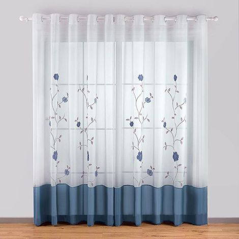1 Pièce Rideaux à Oeillets Voilages Broderie Floral pour Chambre Cuisine Salon, 140cmx225cm, Bleu- (1/5)