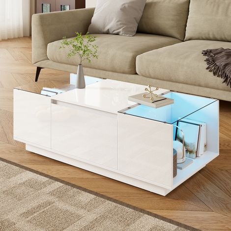 Table basse moderne 105 cm avec plateau en verre trempé, éclairage LED 16 couleurs Bluetooth, 2 tiroirs cachés et niches de rangement (1/5)