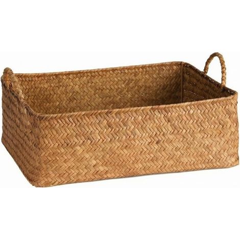 Woven Storage Basket, Organizer Bin, Wastebasket, Made of rush with metal reinforcement and loop handles, Rectangular design, Suitable for [unclear], Large 36.5x23x15cm (1/5)