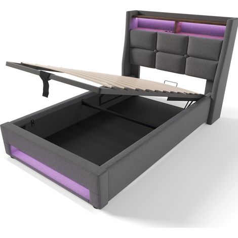 Polsterbett 90 x 200 cm mit Matratze, LED und USB, grauer Leinenbezug, Holz-Metall-Lattenrost (1/5)