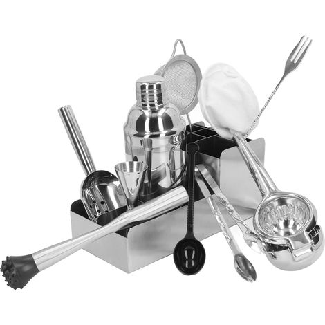 Ensemble de bar à cocktails avec doseur, filtre, pelle à glace, pilon, cuillère à mélange et verre shaker. (1/5)