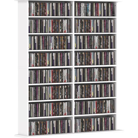 Meuble Porte CD et DVD Bibliothèque de Rangement 16 Étagères 720 CD en Bois Aggloméré Blanc 106,5x24x126,3 cm (1/5)