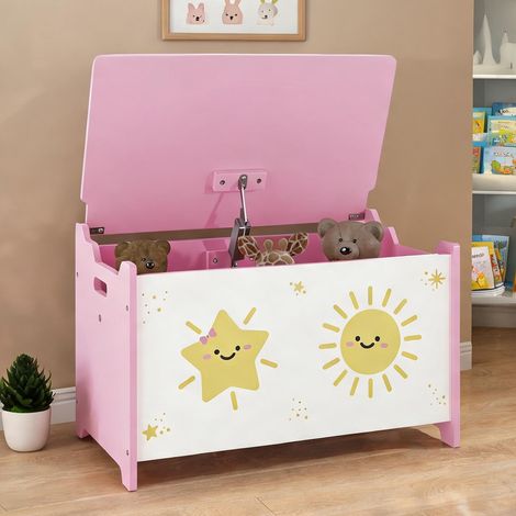 Coffre à jouets enfant rose en MDF avec couvercle sécurisé (1/5)