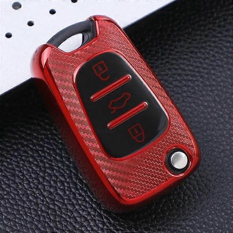 Autoschlüsselhülle aus TPU mit Carbonmuster für Hyundai i30, i40, IX25, Creta, IX35, HB20, Solaris, Elantra, Accent und Kia K2, K5, Rio und Sportage – Rot