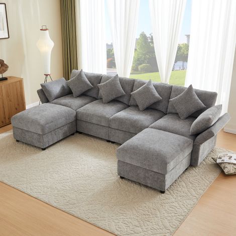 Sofá recto modular de felpa (chenilla), con 2 pufs, 4 cojines, 2 reposacabezas y brazos regulables, gris, 284x156,5x86 cm (1/5)