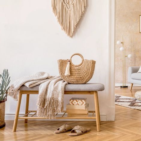 Karat – Banc en bambou brun 90 x 34 x 45 cm – Meuble à chaussures élégant et gain de place – Rangement intégré et assise confortable