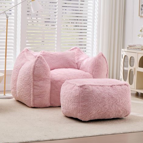 Fauteuil pouf géant 123 x 97 x 73 cm en fausse fourrure rose avec coussin et ottoman HAVRYA (1/5)