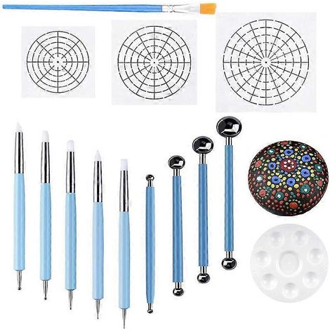 Ensemble de 14 outils de pochoirs à pointiller pour mandala, kit de peinture sur galets comprenant des gabarits et de la peinture. (1/4)