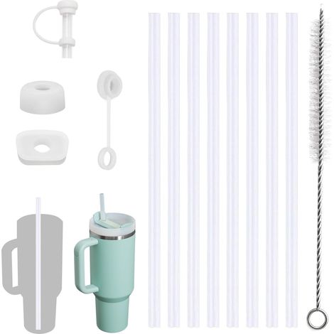 Juego de 12 pajitas de plástico de repuesto para vasos de 40/30 oz, 31 cm, con 1 cepillo de limpieza y 8 pajitas largas flexibles reutilizables, 3 tapas para pajitas de viaje. (1/5)