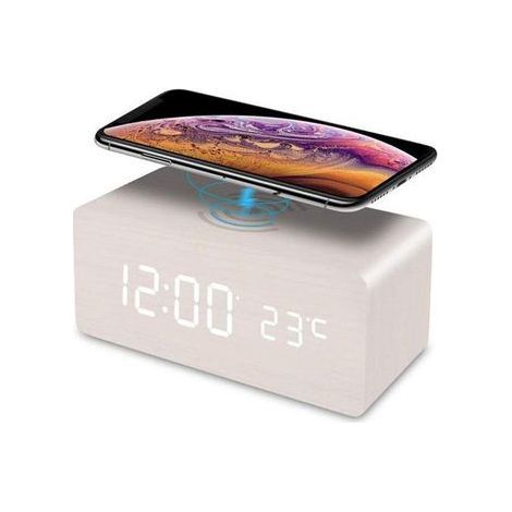 Réveil Numérique Bois avec Chargeur sans Fil, Réveil Numérique en Bois avec Affichage LED de l'Heure, de la Température, Contrôle Sonore pour Bureau de Chambre (blanc) (1/5)