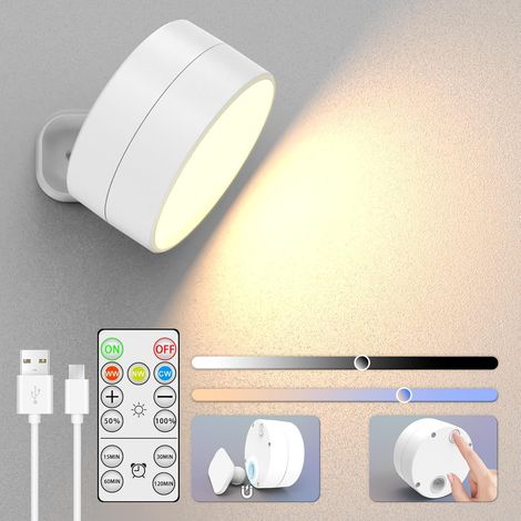 Applique murale LED rechargeable Applique murale d'intérieur dimmable, télécommande/contrôle tactile Applique murale rotative à 360°, 3 couleurs Applique murale sans fil 2pcs (1/5)