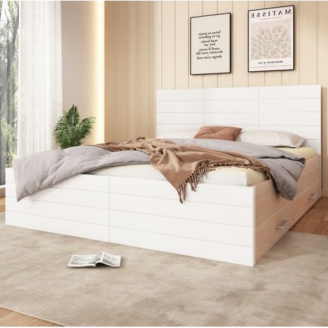 Bett 140x200 cm aus Massivholz und MDF in Weiß/Eiche mit 2 Schubladen und Lattenrost (1/5)