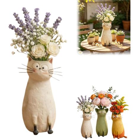 Vase en résine en forme de chat, joli vase artisanal pour petites fleurs, décoration bohème pour étagère et bureau, cadeau unique pour les amoureux des chats, blanc (1/5)