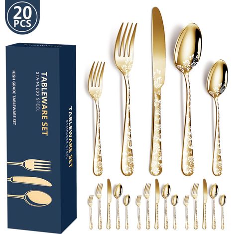 20-teiliges Edelstahl-Besteckset, Essservice, Essservice für 4 Personen, goldenes Besteckset, Edelstahl