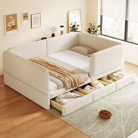 Kinderbett 208x147x67 cm, rundum gepolstert, mit 3 Stauraumschubladen, abgerundetes Design, Samt, Beige (1/5)